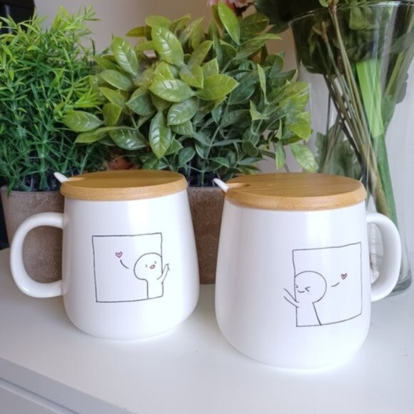 AAI Couple Coffee Mugs | 12 oz | Set of 2 | Ceramic with Bamboo Lid & Spoon - Picture 1 of 9
